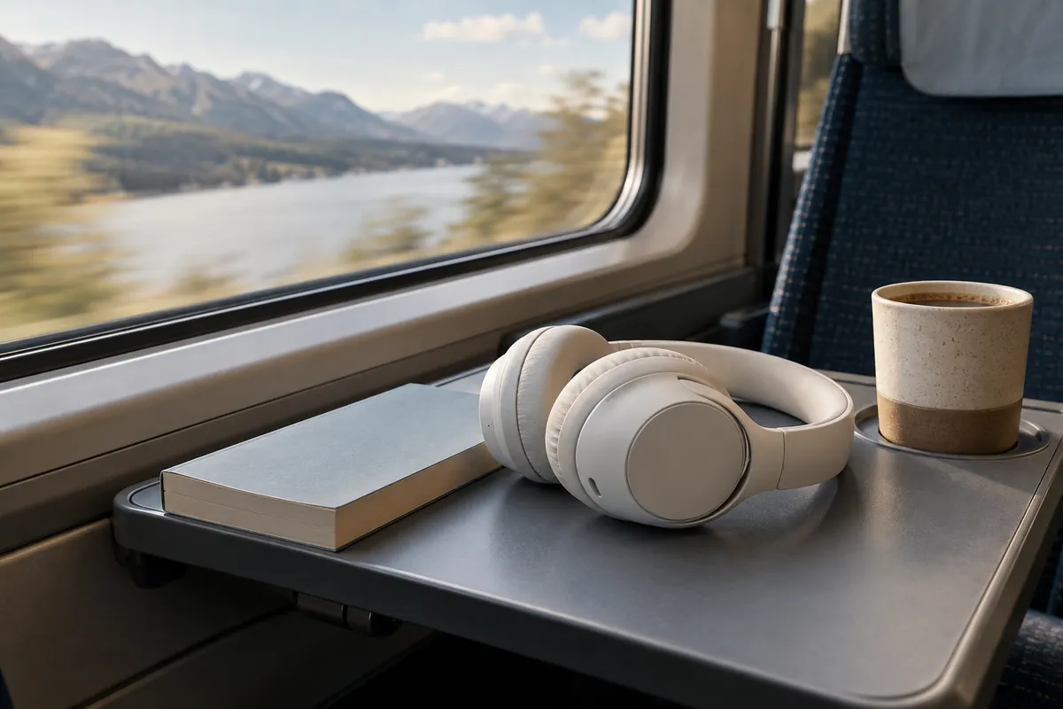 Casque blanc sur une tablette de train, avec un livre et un café